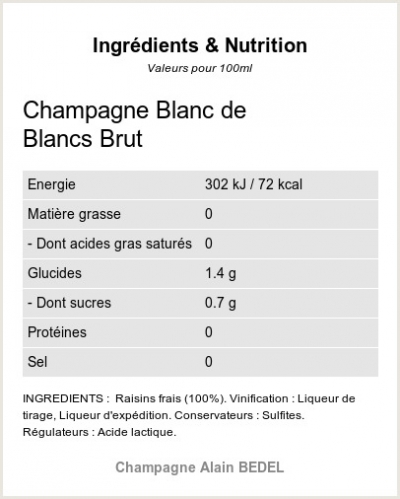 BLANC DE BLANCS BRUT - MILLESIME 2019 - Ingrédients et Nutrition 